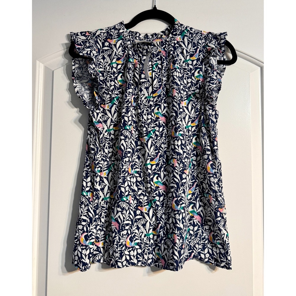 LOFT Blouse Small Navy Blue NWT Bird Print Ruffle Flutter Sleeve Boho Tropical